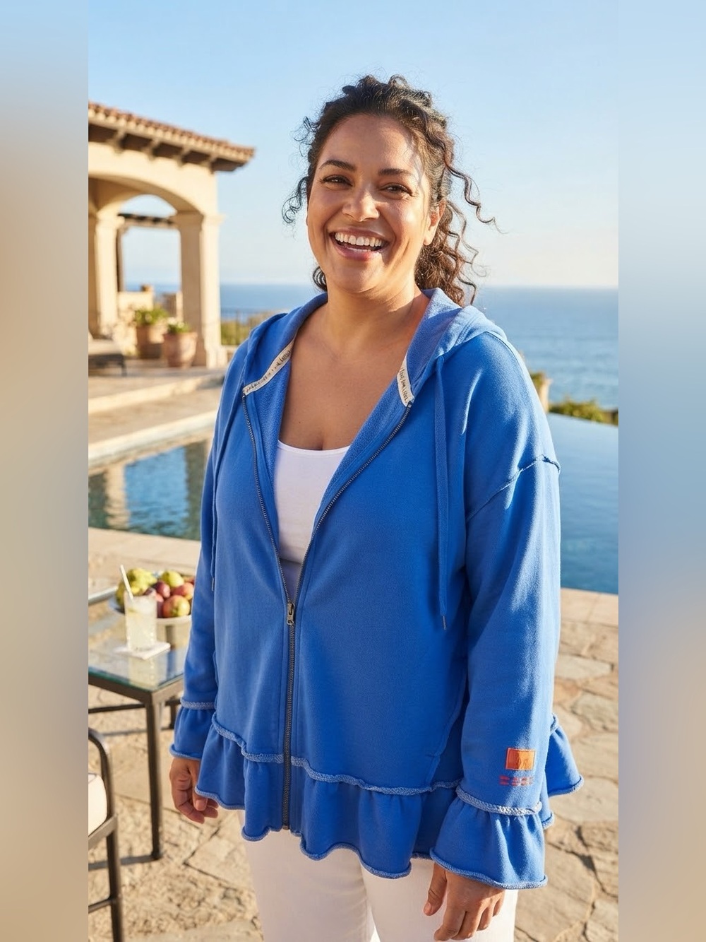 SIZE 2X Peace Love World® Blue Ruffle Zip Hoodie Jacket Cotton